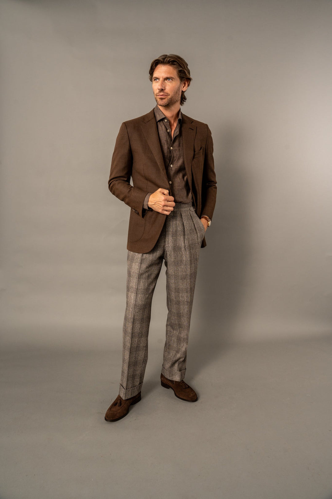 Aleks Brown Check Wool Flannel Trousers