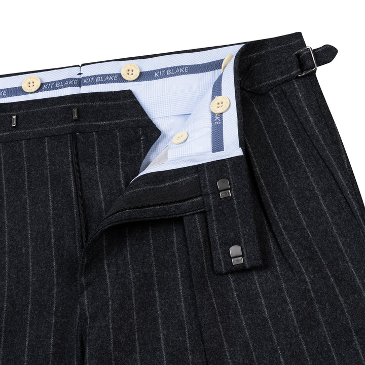Aleks Dark Grey Chalkstripe Wool Flannel Trousers-Kit Blake
