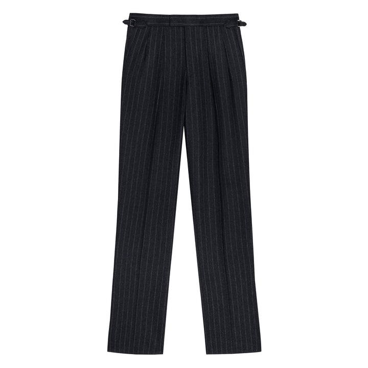 Aleks Dark Grey Chalkstripe Wool Flannel Trousers-Kit Blake