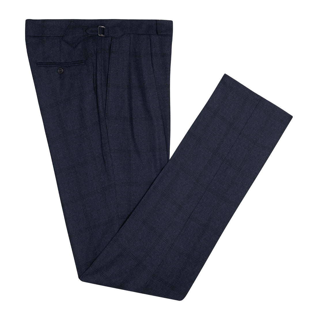 Aleks Dark Navy Check Wool Flannel Trousers-Kit Blake
