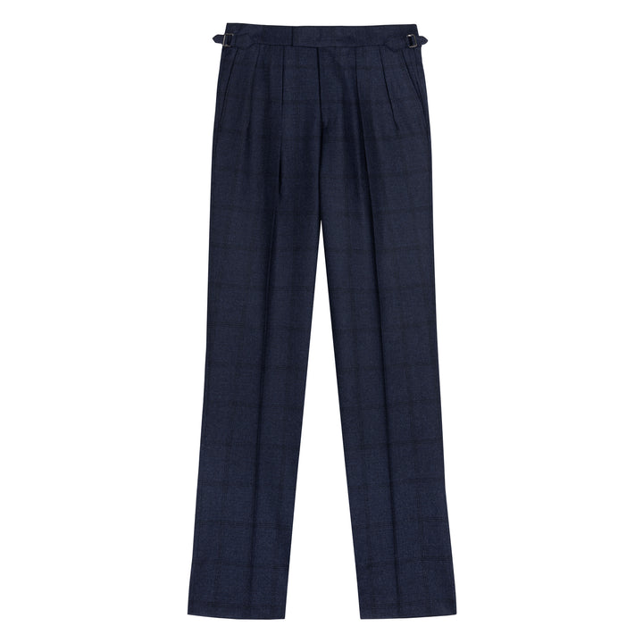 Aleks Dark Navy Check Wool Flannel Trousers-Kit Blake