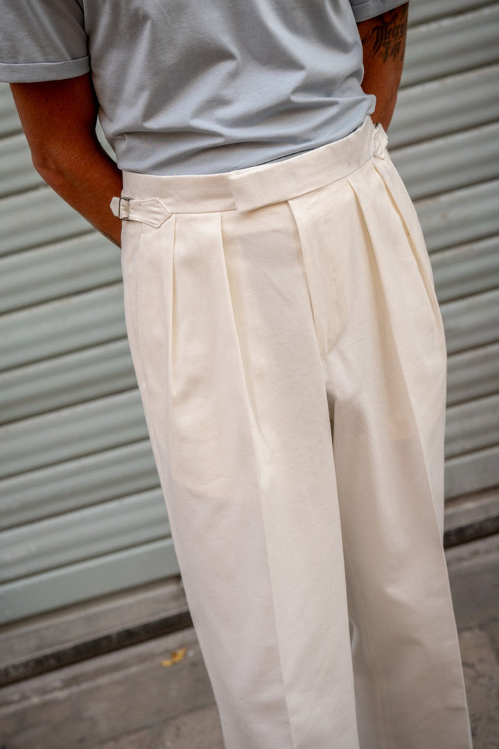 Aleks Off-White Cotton Twill Trousers-Kit Blake-savilerowtrousers