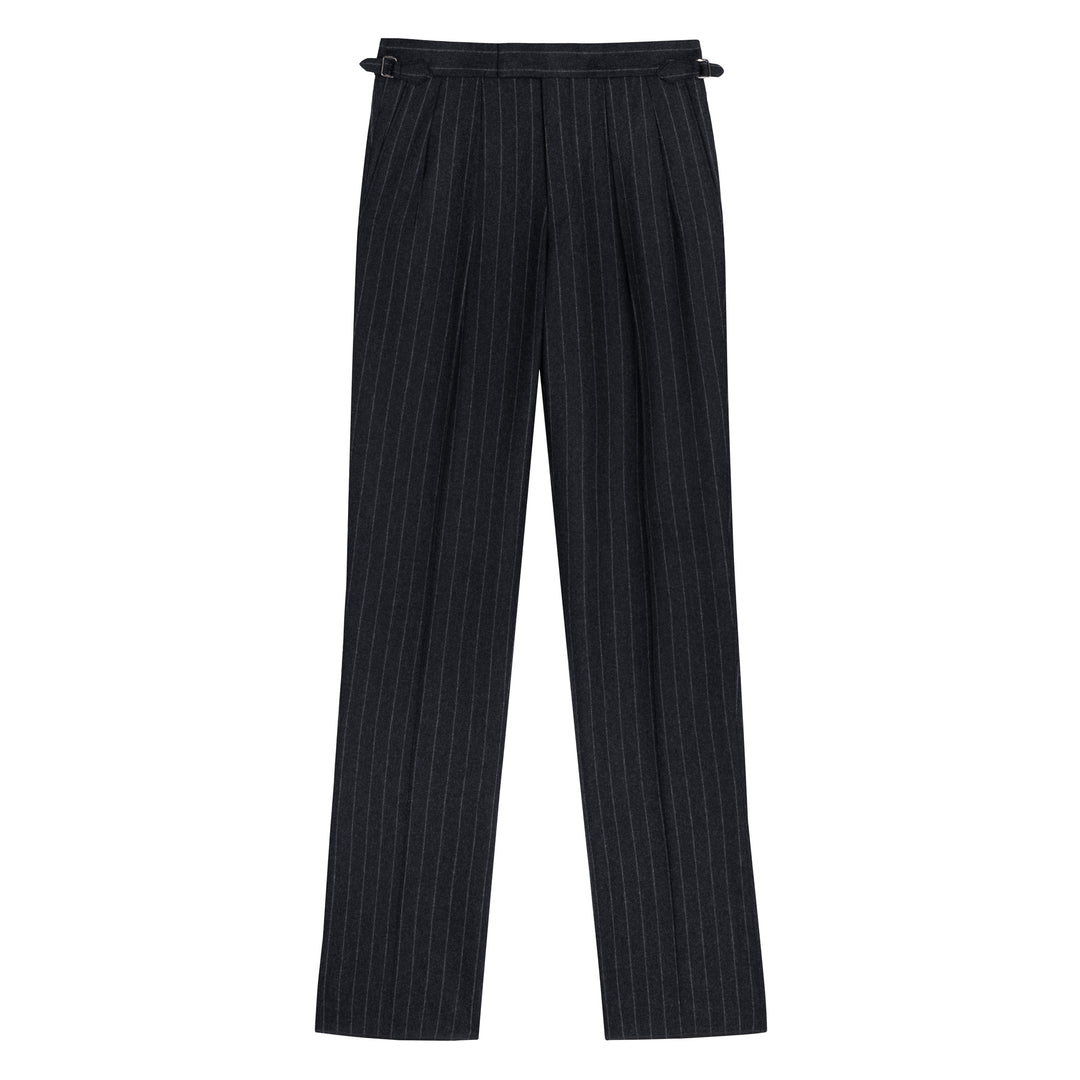 Aleks Dark Grey Chalkstripe Wool Flannel Trousers