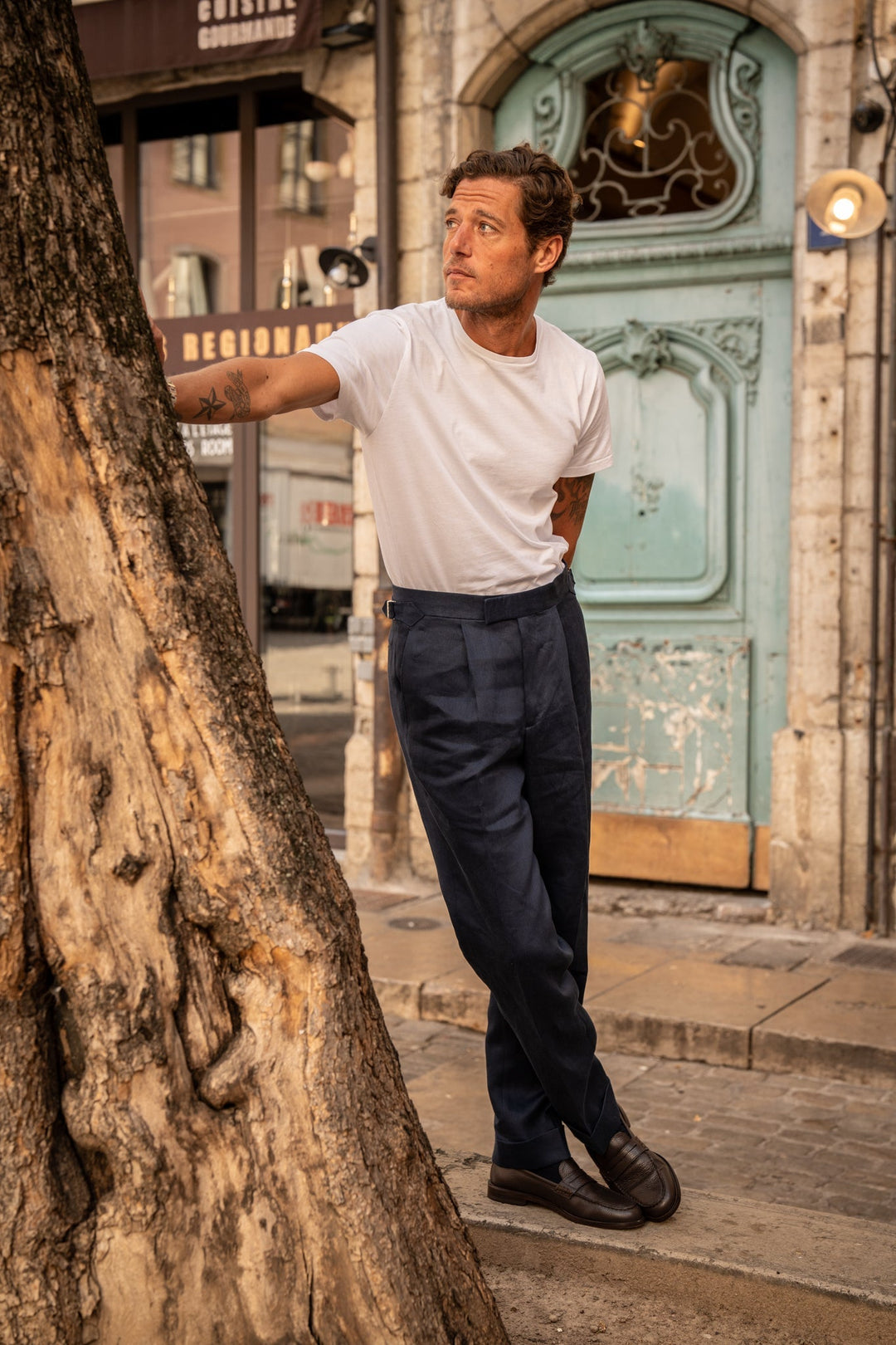 Duke Navy Linen Trousers-Kit Blake-savilerowtrousers