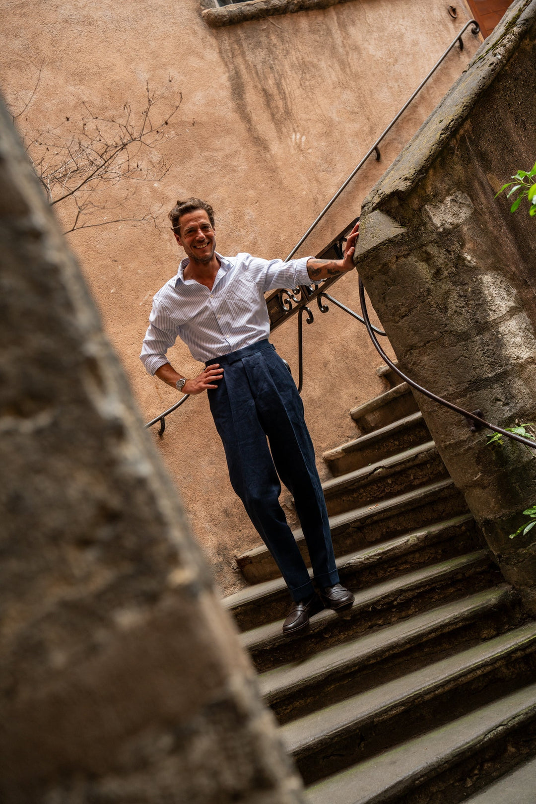 Duke Navy Linen Trousers-Kit Blake-savilerowtrousers