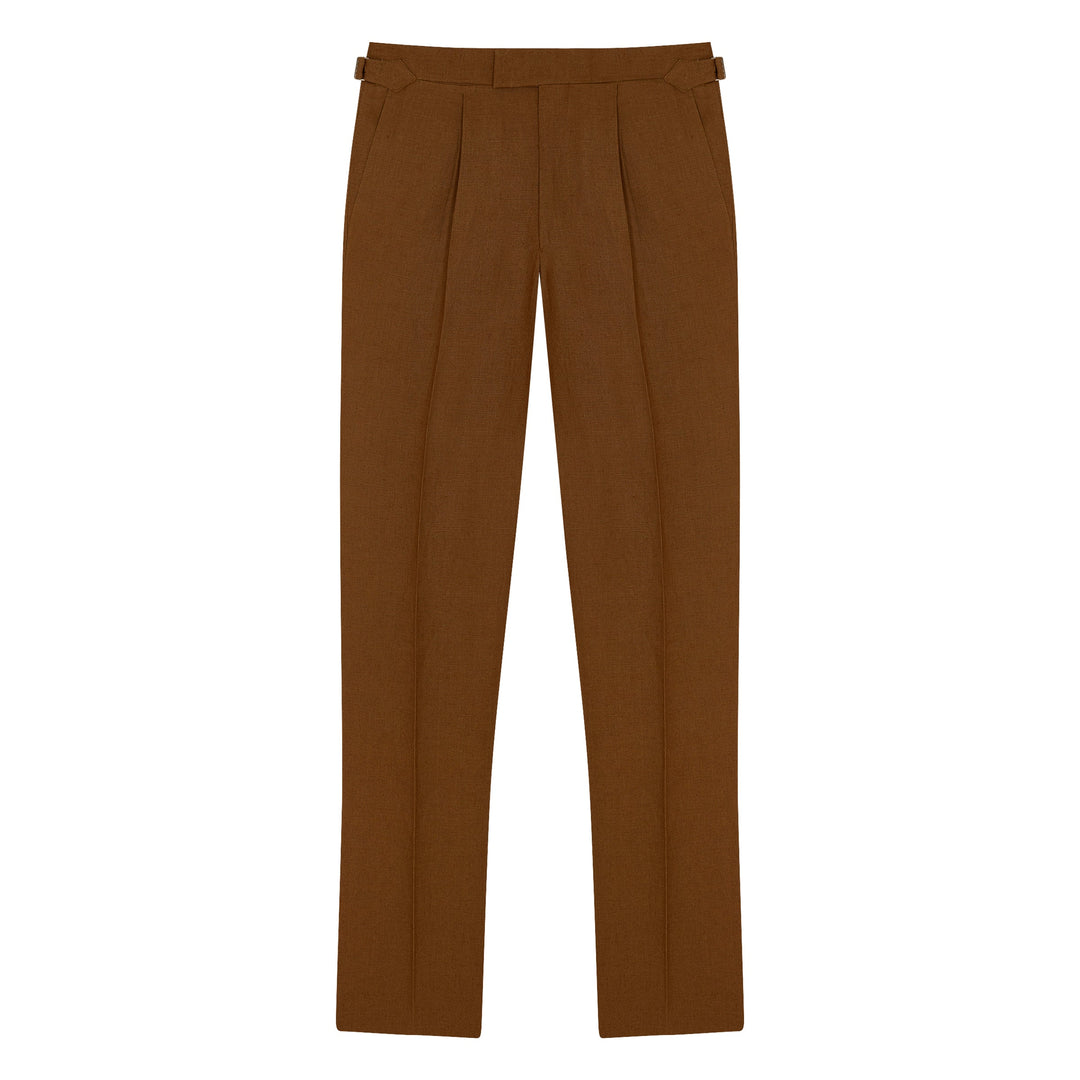 Duke Tobacco Brown Linen Trousers-Kit Blake-savilerowtrousers