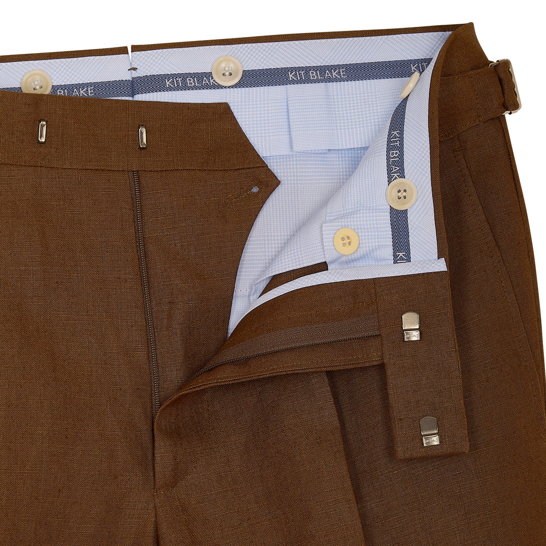 Duke Tobacco Brown Linen Trousers-Kit Blake-savilerowtrousers