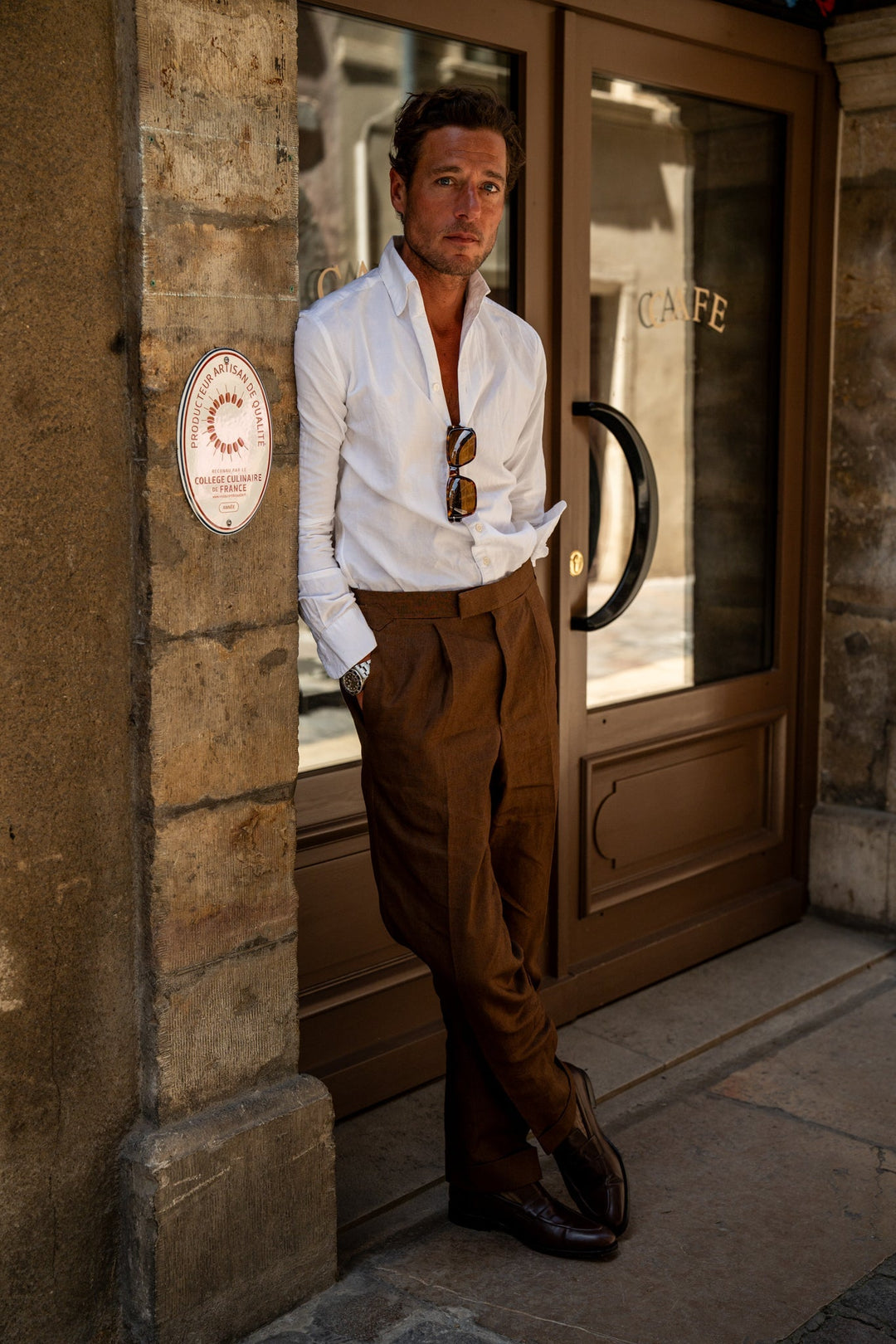 Duke Tobacco Brown Linen Trousers-Kit Blake-savilerowtrousers