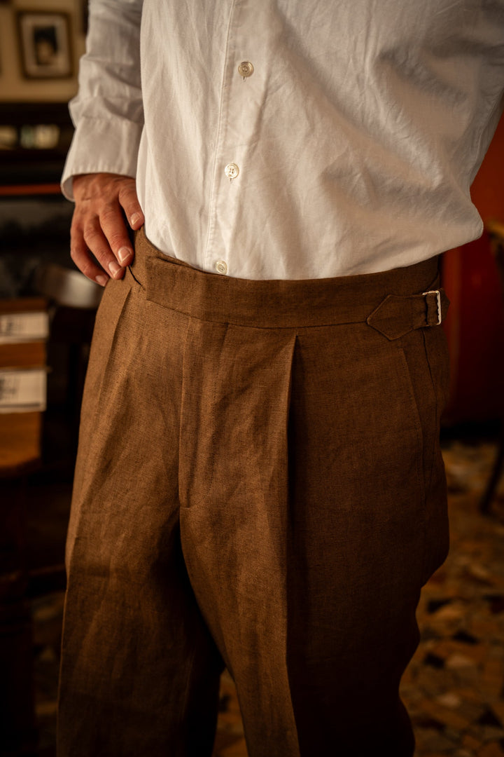 Duke Tobacco Brown Linen Trousers-Kit Blake-savilerowtrousers