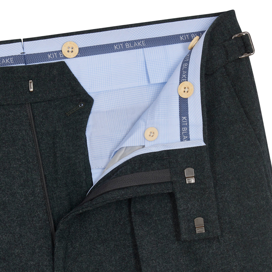 Grant Dark Green Wool Flannel trousers-Kit Blake-savilerowtrousers