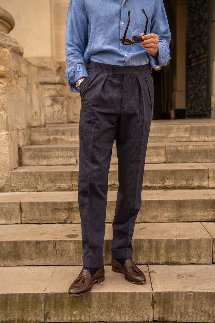 Grant Navy Seersucker Cotton Trousers-Grant-Kit Blake