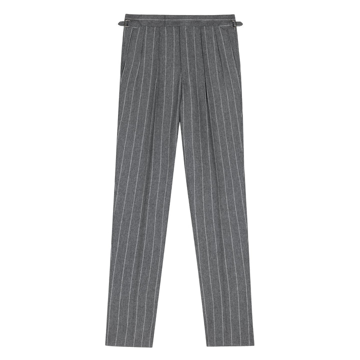 Grant Mid-Grey Wide Chalkstripe Wool Flannel Trousers