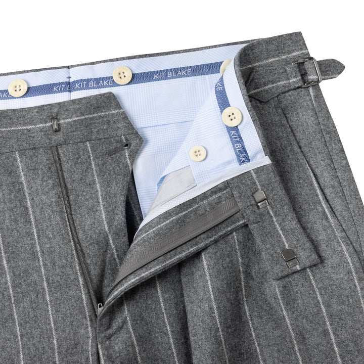 Grant Mid-Grey Wide Chalkstripe Wool Flannel Trousers