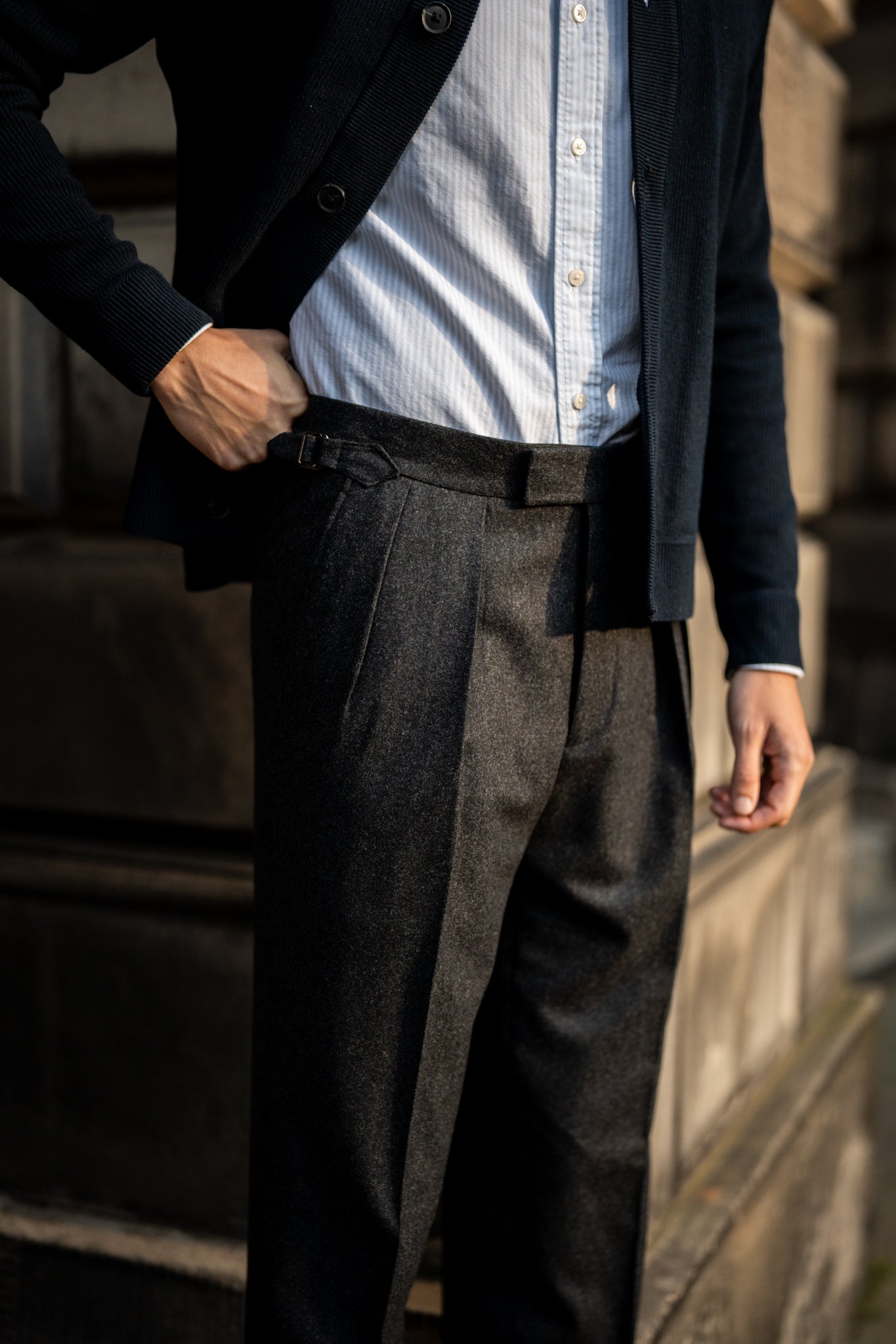 Grant Charcoal Wool Flannel Trousers – Kit Blake