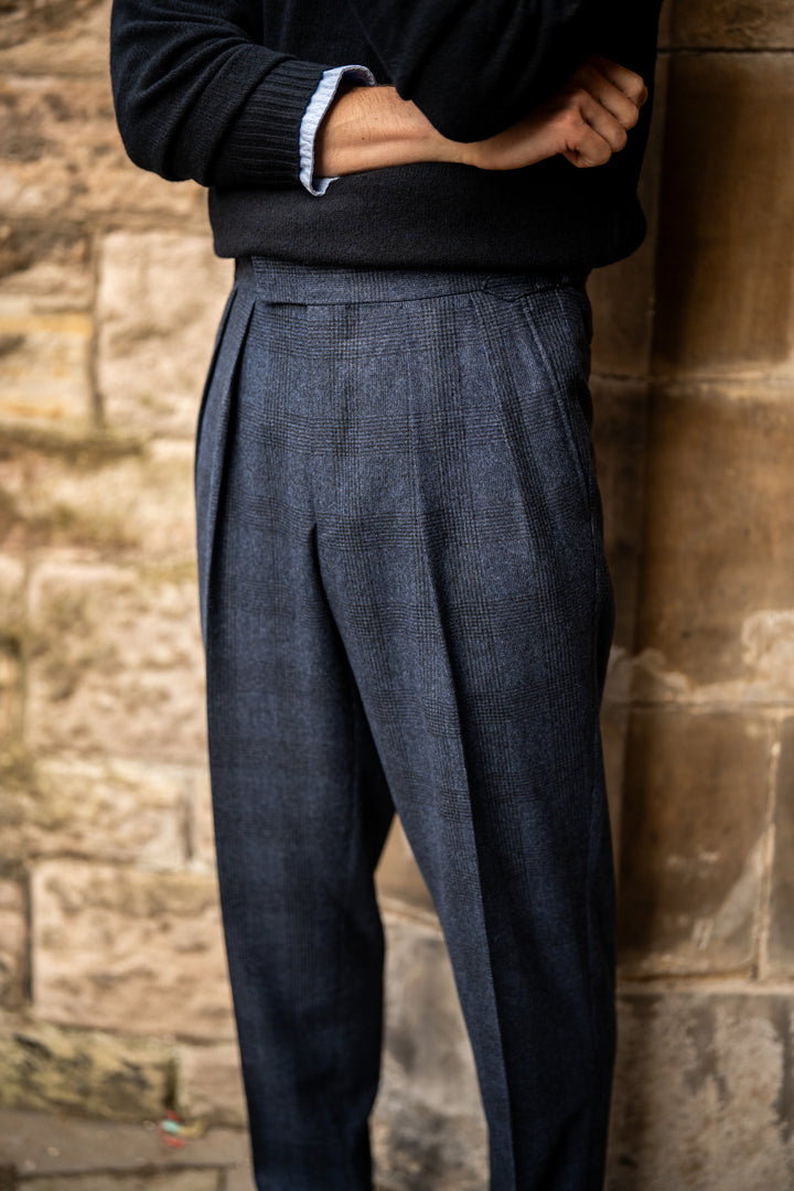 Grant Navy Check Wool Flannel Trousers