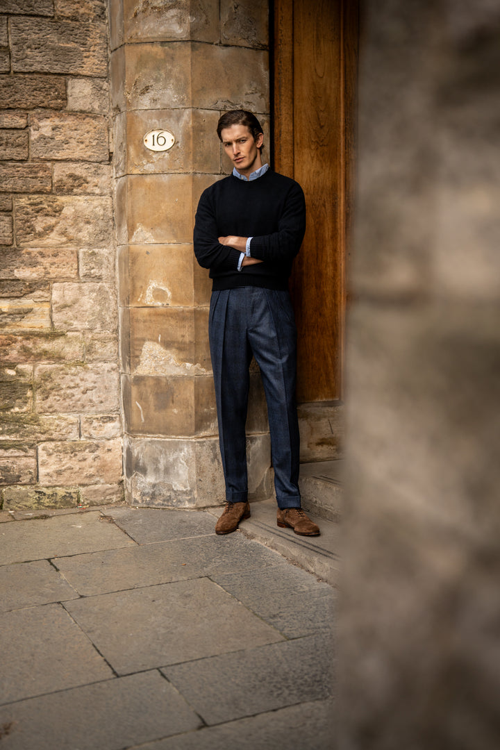 Grant Navy Check Wool Flannel Trousers