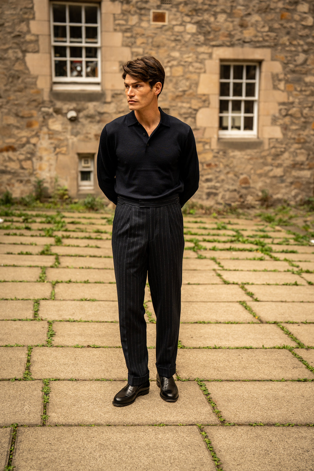 Duke Navy Chalkstripe Wool Flannel Trousers