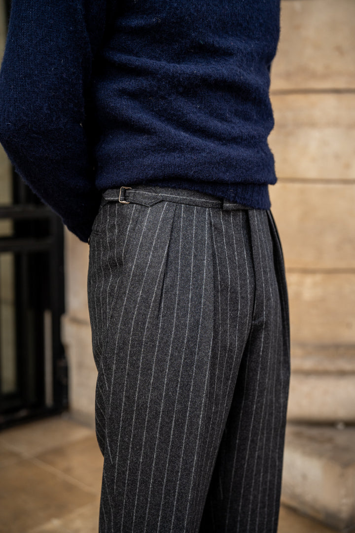 Aleks Dark Grey Chalkstripe Wool Flannel Trousers