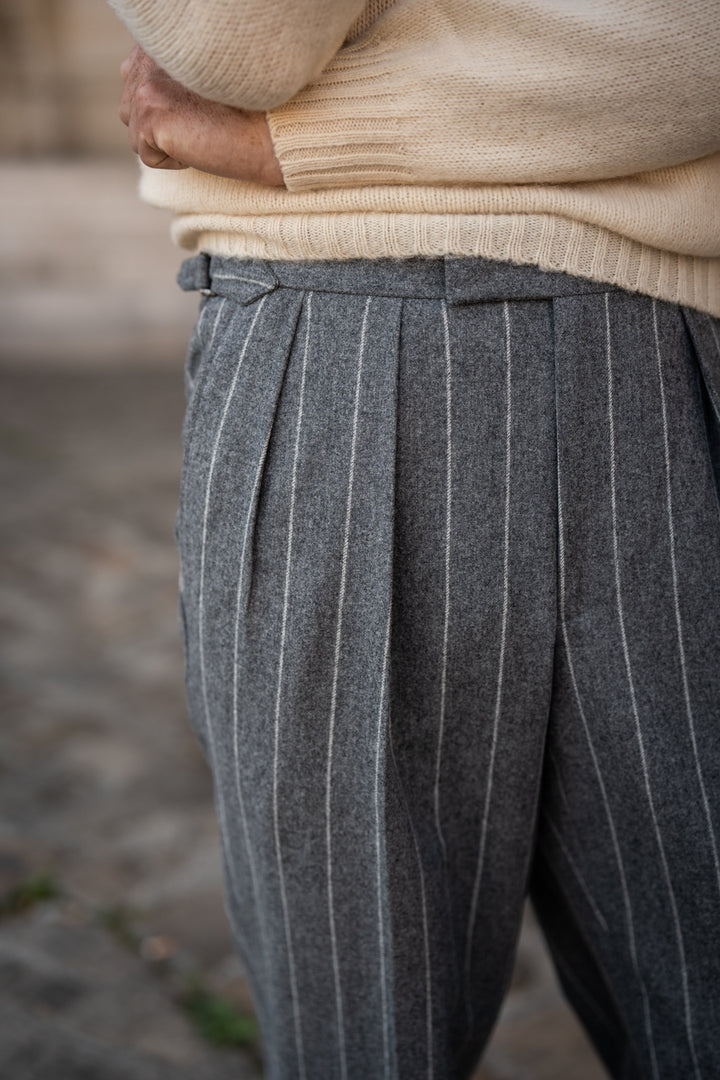 Grant Mid-Grey Wide Chalkstripe Wool Flannel Trousers