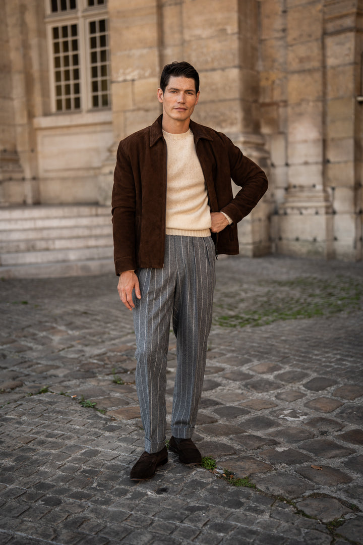 Grant Mid-Grey Wide Chalkstripe Wool Flannel Trousers