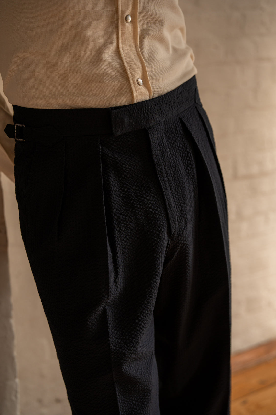 Grant Black Seersucker Cotton Trousers