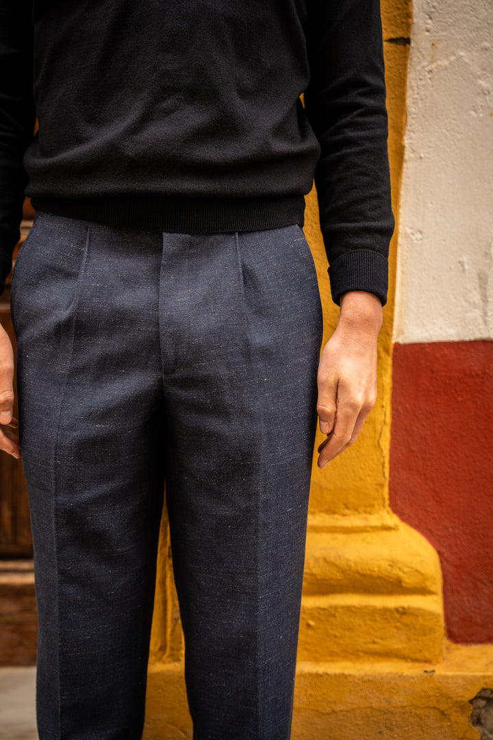 Duke Navy Linen And Fresco Wool Trousers