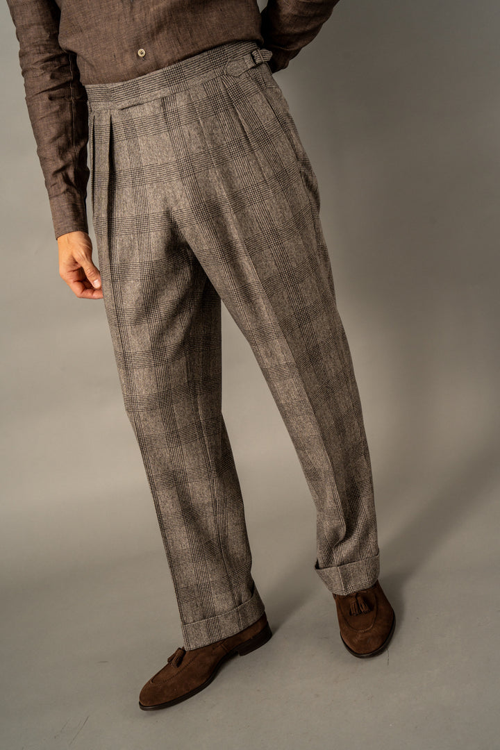 Aleks Brown Check Wool Flannel Trousers