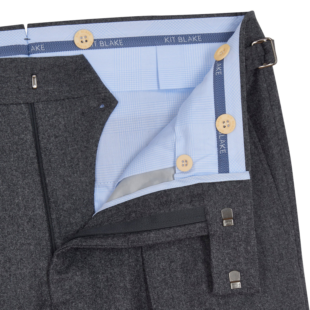 Grant Dark Grey Wool Flannel trousers-Kit Blake-savilerowtrousers