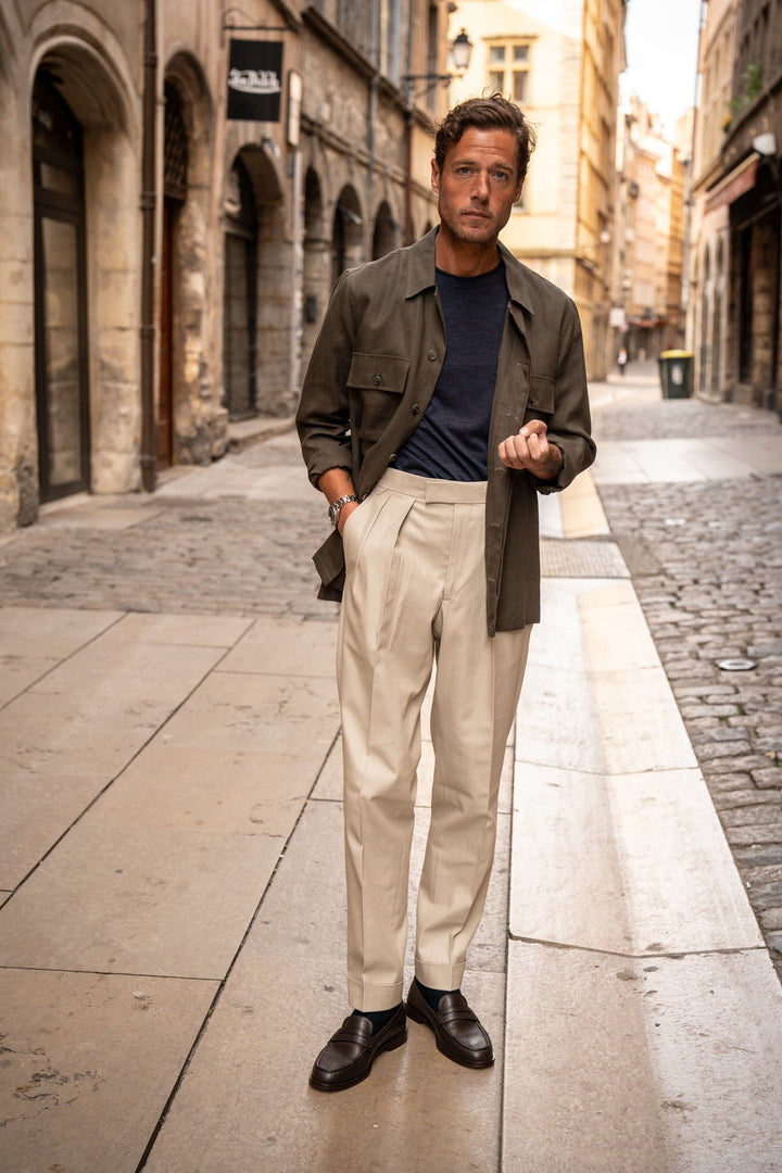 Grant Light Beige Cotton Twill Trousers-Kit Blake-savilerowtrousers