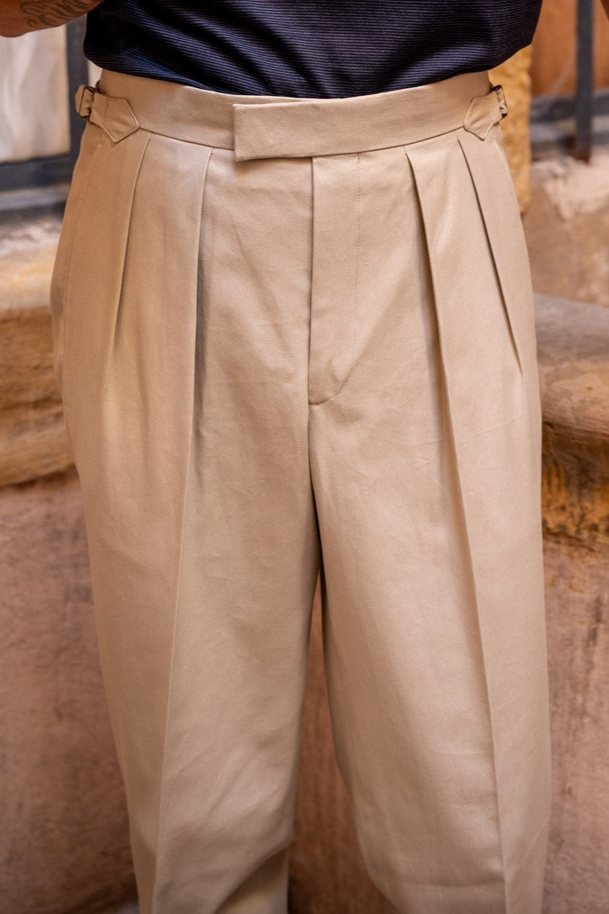 Grant Light Beige Cotton Twill Trousers-Kit Blake-savilerowtrousers